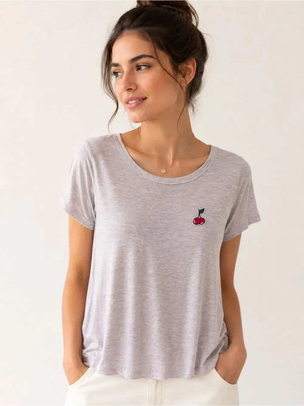 American Eagle Outfitters Light Gray Tee with Cherry Patch